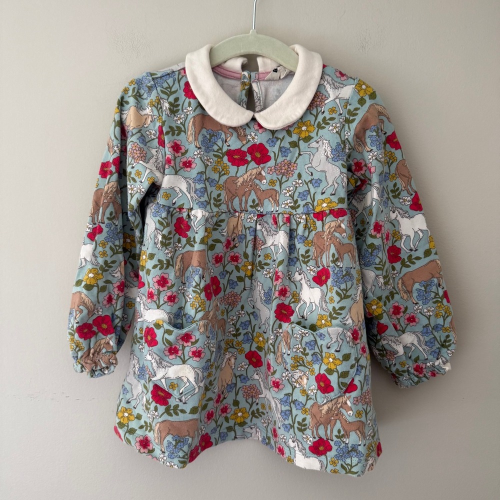 Mini Boden Girls Blue Horse Unicorn Floral Heart Pocket Dress 3-4Y